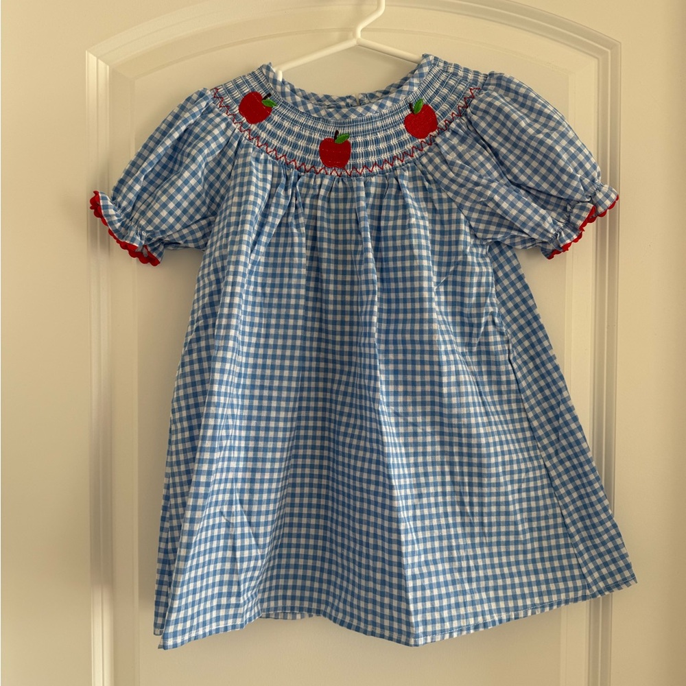 Blue Gingham Kids Dress with Apple Embroidery